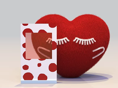 Cute Red Plush Heart Photo Spot With White Eyelashes And Polka Dot Frame 3d model