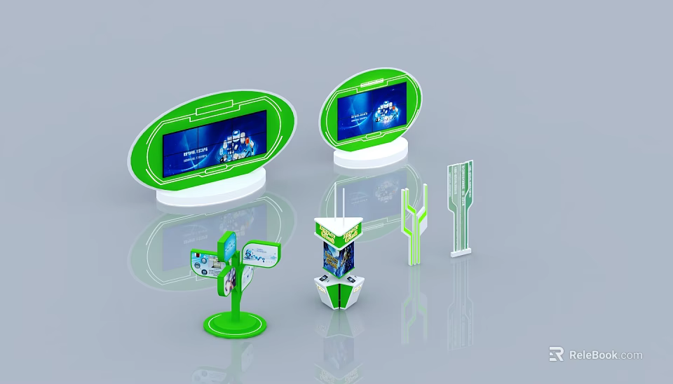 Green White Computer Self Service Kiosks with Interactive Screens and Various Designs 3d model