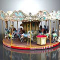 Classic Carousel Amusement Ride With Ornate Top Colorful Horses And Striped Base