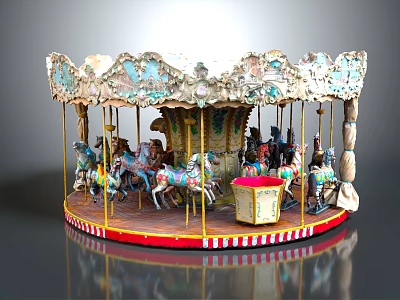 Classic Carousel Amusement Ride With Ornate Top Colorful Horses And Striped Base 3d model