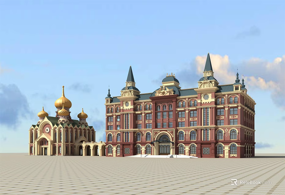 Classical Hotel Building With Red Brick Facade Golden Domes And Spires 3d model 