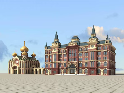 Classical Hotel Building With Red Brick Facade Golden Domes And Spires 3d model