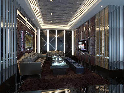 Luxurious KTV Interior Design With Comfortable Sofas Coffee Table Modern TV And Decorative Lighting 3d model