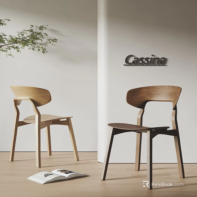 Modern Wooden Dining Chairs With Curved Back By Cassina In Minimalist Interior With Green Plant 3d model 