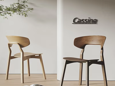 Modern Wooden Dining Chairs With Curved Back By Cassina In Minimalist Interior With Green Plant 3d model