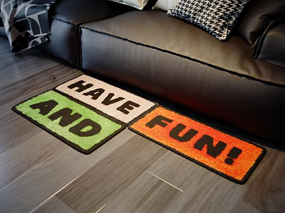 Stylish Living Room Rug With HAVE AND FUN Letters In Colorful Sections On Floor 3d model