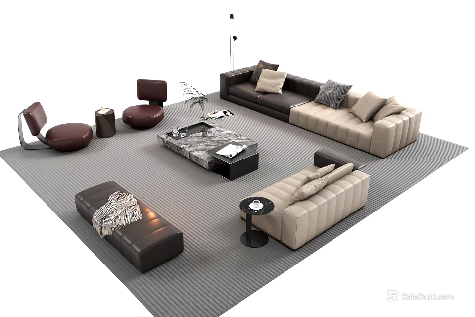 Modern Sectional Sofa And Coffee Table Set With Decorative Pillows Side Tables And Area Rug 3d model 