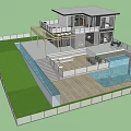 Modern Detached Villa With Wooden Deck White Sofa Green Chairs And Mountain View