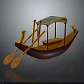 Traditional Wooden Water Transport with Curved Canopy Red Seat and Yellow Oars