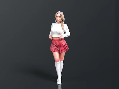 Blonde Woman In White Sweater Red Pleated Skirt And Long White Socks On Black Background 3d model
