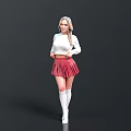 Blonde Woman In White Sweater Red Pleated Skirt And Long White Socks On Black Background