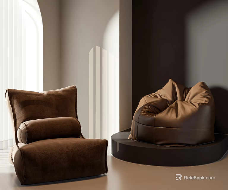 Modern Interior With Brown Bean Bag Chair And Cozy Armchair In Soft Lighting Tones 3d model 