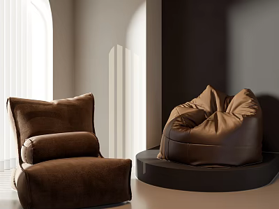 Modern Interior With Brown Bean Bag Chair And Cozy Armchair In Soft Lighting Tones 3d model