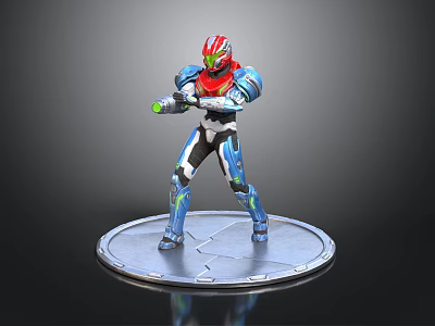 Armored Character Model Featuring Red Helmet Blue Armor Green Glowing Accents And Silver Circular Base 3d model