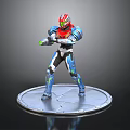 Armored Character Model Featuring Red Helmet Blue Armor Green Glowing Accents And Silver Circular Base
