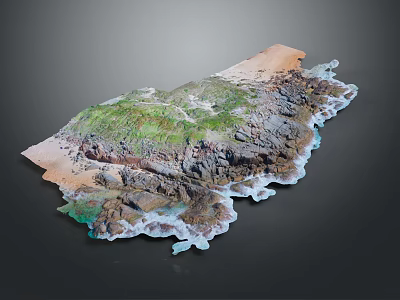 Detailed 3D Coastal Terrain Model With Rocky Cliffs Vegetation And Sand 3d model