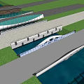 Modern Landscape Bridge Design Over Water With Green Grass And Paths