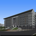 Modern Office Building Exterior With Large Glass Windows Main Entrance Stone Steps And Green Landscaping