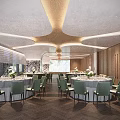 Luxurious Modern Banquet Hall Interior With Round Tables Green Chairs And Decorative Flowers