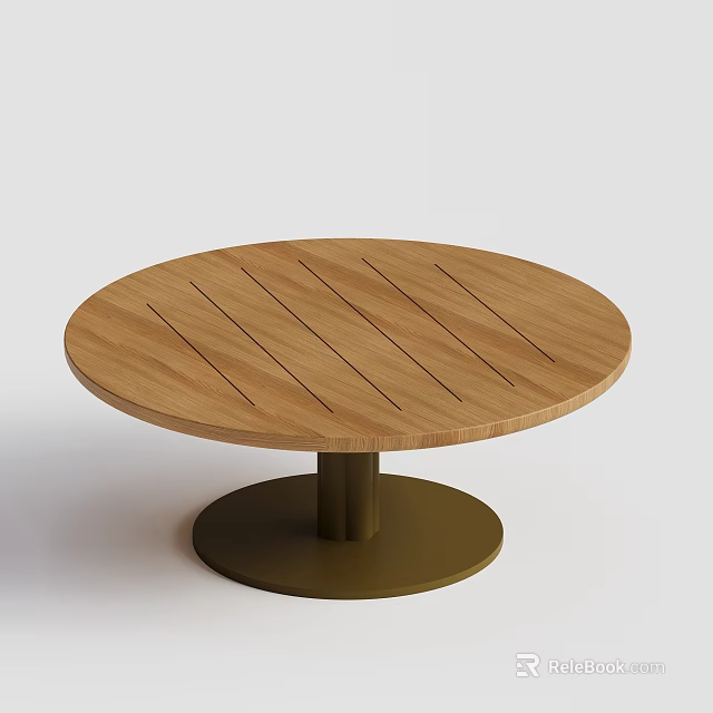 Modern Round Wooden Coffee Table With Striped Top And Sturdy Metal Base 3d model 