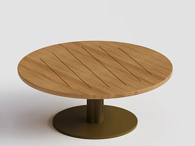 Modern Round Wooden Coffee Table With Striped Top And Sturdy Metal Base 3d model