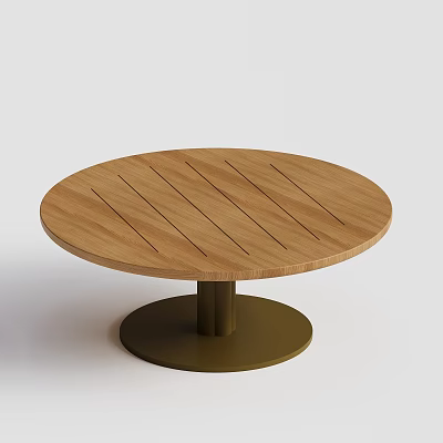 Modern Round Wooden Coffee Table With Striped Top And Sturdy Metal Base 3d model
