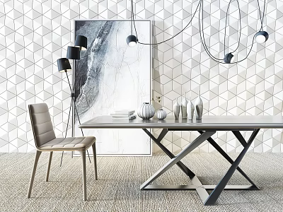 Modern Dining Table Set With Chair Geometric Tile Wall Pendant Lights And Decorative Vases 3d model