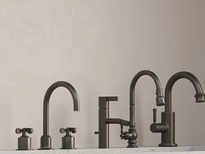 Different Styles Of Black Metal Faucets On Countertop With Wall Background 3d model