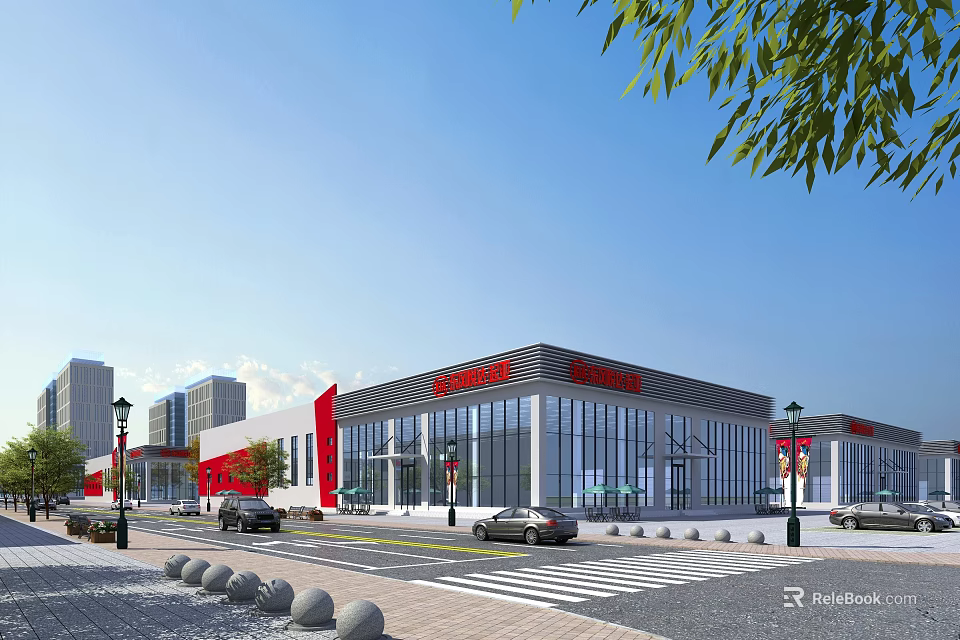 Modern Industrial Factory Building With Glass Curtain Walls Red White Facades And Urban Surroundings 3d model 