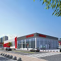 Modern Industrial Factory Building With Glass Curtain Walls Red White Facades And Urban Surroundings