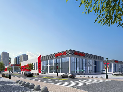 Modern Industrial Factory Building With Glass Curtain Walls Red White Facades And Urban Surroundings 3d model