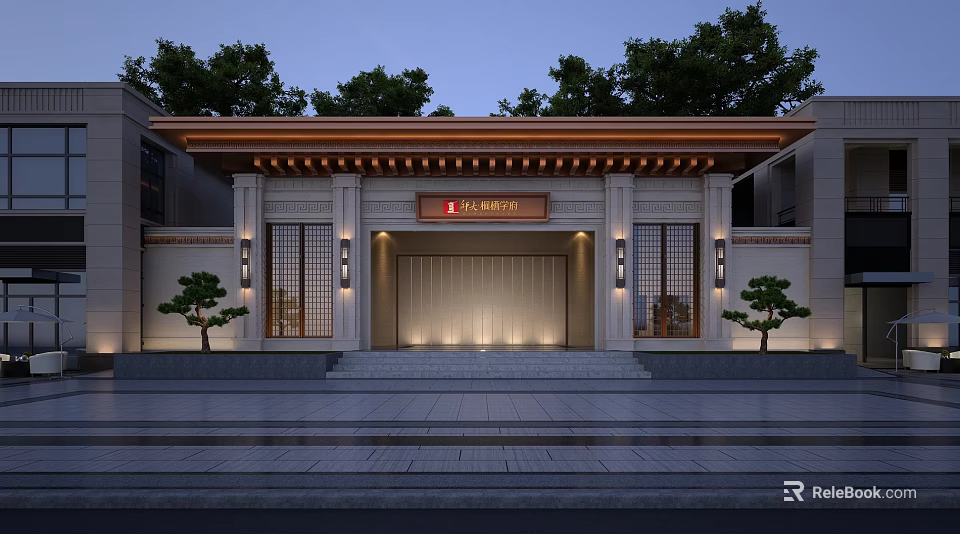 Traditional Chinese Entrance Gate With Stone Walls Wooden Details Pine Trees Steps And Lighting 3d model 