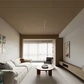 Modern Living Dining Room Interior With White Sofa Round Wooden Coffee Table And Colorful Paintings