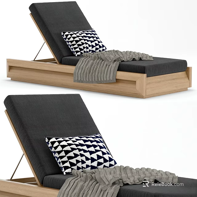 Modern Sofa Bench With Wooden Frame Black Cushion Black White Geometric Pillow And Gray Blanket 3d model 