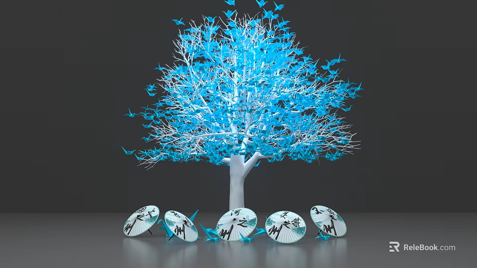 Blue Tree With Blue Butterflies On Branches White Trunk And Five Circular Patterned Objects Below 3d model 