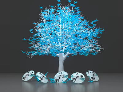 Blue Tree With Blue Butterflies On Branches White Trunk And Five Circular Patterned Objects Below 3d model