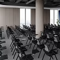Modern Conference Room With Rows Of Black Chairs Large Projection Screen And City View Windows