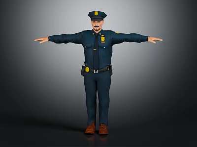 Realistic Police Officer In Blue Uniform Standing With Hat Mustache Brown Shoes And Arms Outstretched 3d model