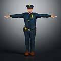 Realistic Police Officer In Blue Uniform Standing With Hat Mustache Brown Shoes And Arms Outstretched