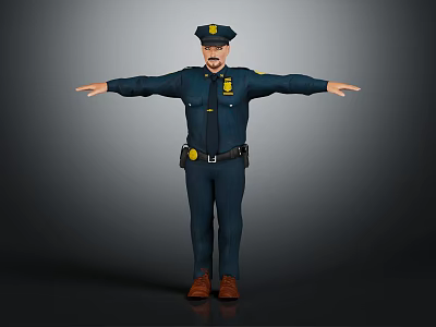 Realistic Police Officer In Blue Uniform Standing With Hat Mustache Brown Shoes And Arms Outstretched 3d model