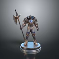 Battle Axe Wielded By Armored Warrior Statue With Ornate Metal Base And Blue Accents