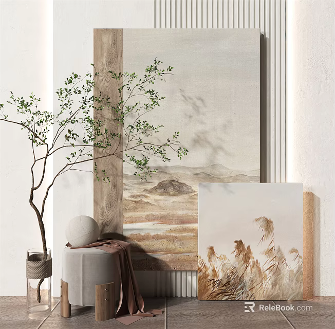 Interior Decor With Green Plant Landscape Painting Beige Tones And Artworks 3d model 