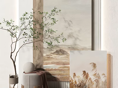 Interior Decor With Green Plant Landscape Painting Beige Tones And Artworks 3d model