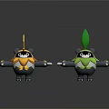 Two Cute Panda Characters With Yellow Flame And Green Leaf Headpieces