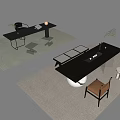 Modern Office Desk Setup With Black Surface Chairs Green Plant And Decorative Lamp