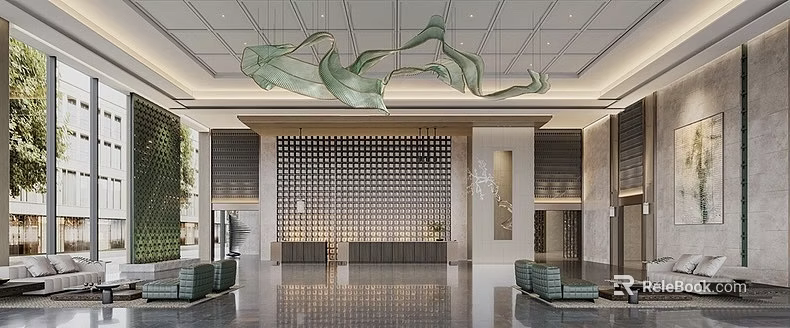 Modern Hotel Lobby With Unique Green Wave Chandelier And Perforated Decorative Wall 3d model 