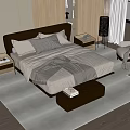 Modern Double Bed With Black Headboard Gray Pillows And Leather Ottoman