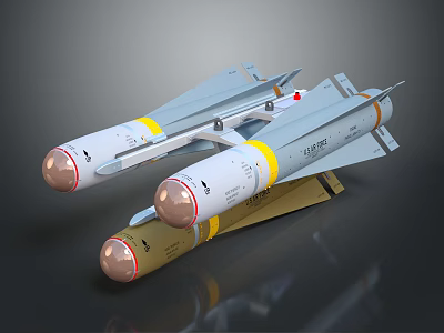 Three White Military Guided Missiles With Yellow Stripes And Brown Noses 3d model