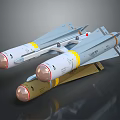 Three White Military Guided Missiles With Yellow Stripes And Brown Noses