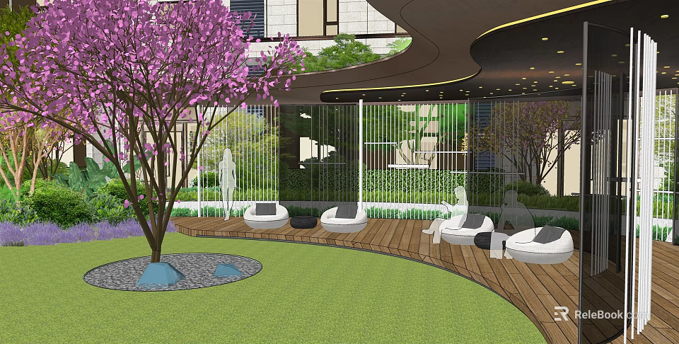 Garden Landscape With Purple Cherry Blossom Tree Green Lawn Wooden Deck And White Lounge Chairs 3d model 
